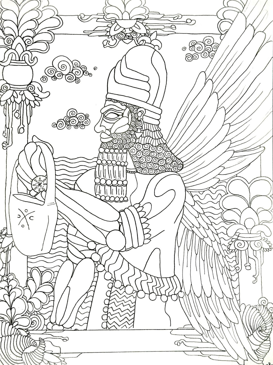 Annunaki Winged Bearded Guy B&W
