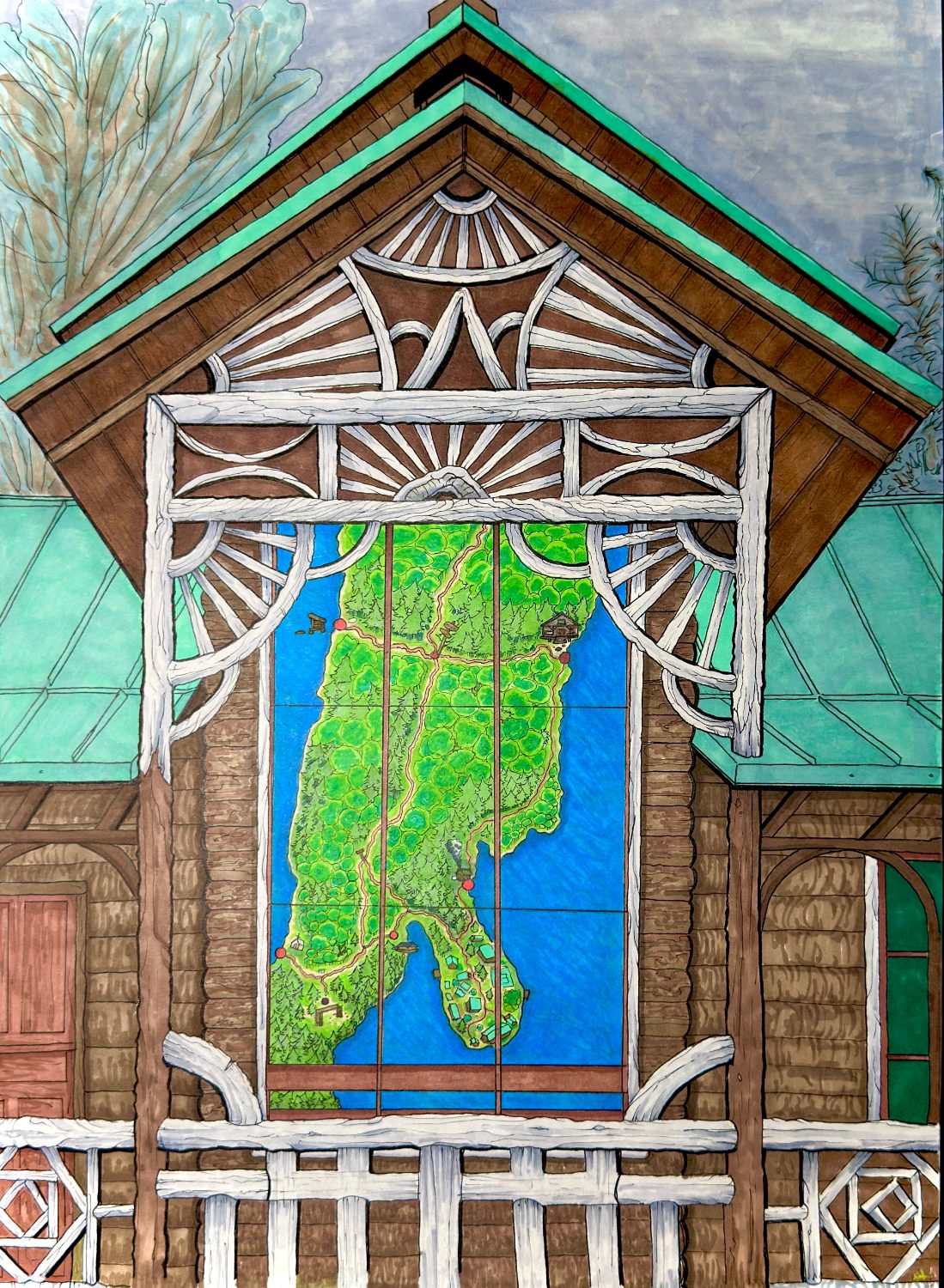 Forest Lodge Map in Window (Camp Pine Knot)