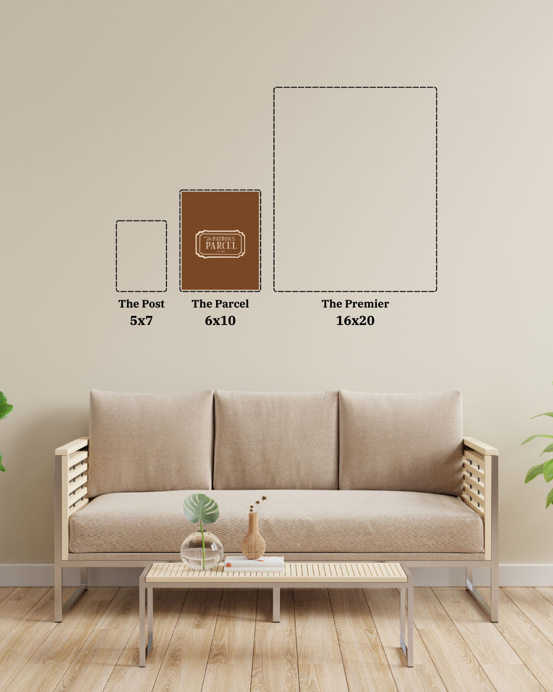 Beige sofa with a coffee table against a beige wall with framed art prints.