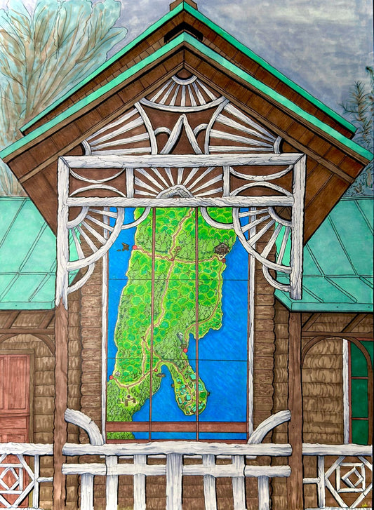 Forest Lodge Map in Window (Camp Pine Knot)
