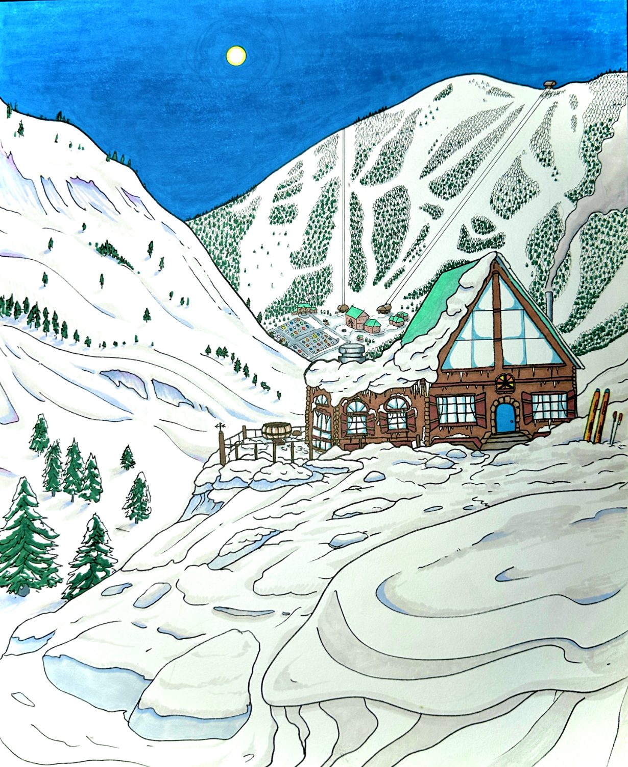 Ski Lodge in Snowy Mountains