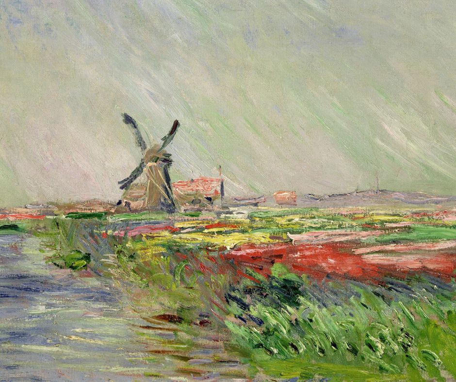 Painting of a windmill in a field with a green and red landscape