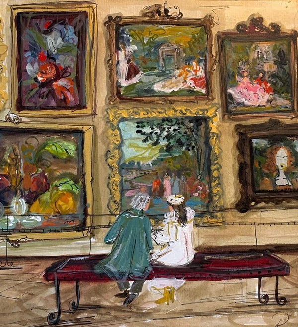 Artistic depiction of two people sitting on a bench in an art gallery with various paintings on the wall.