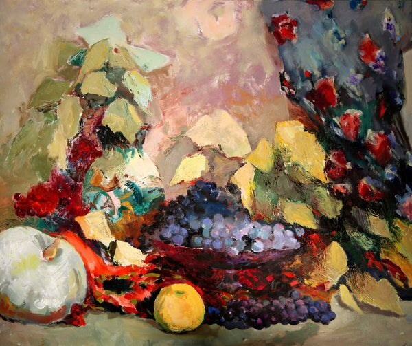 Still life painting with fruits and flowers on a textured surface