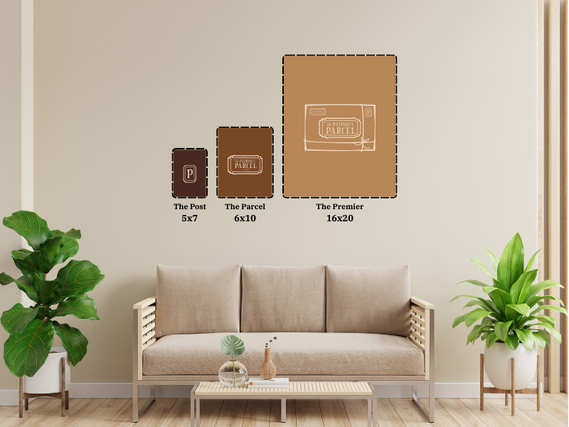 Living room with a beige sofa, plants, and wall art prints.