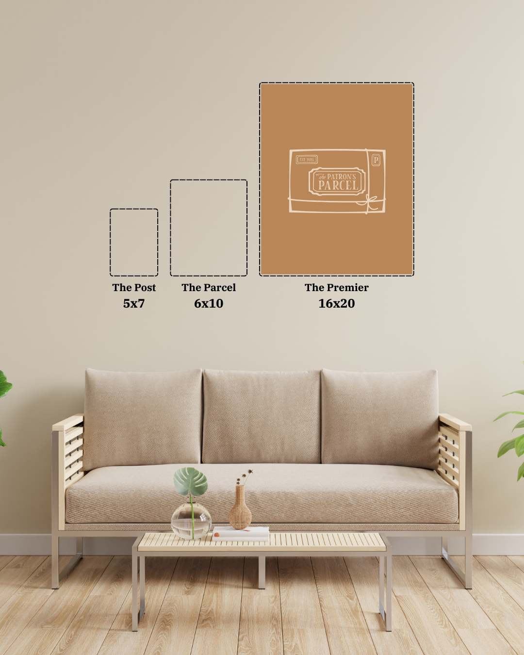 Beige sofa in a living room with wall art options displayed.