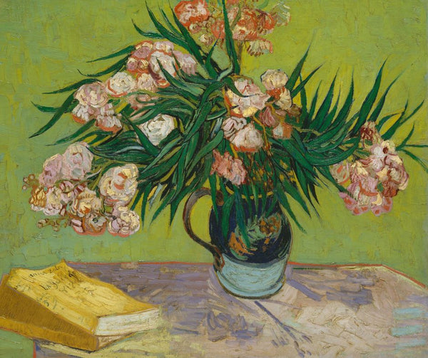 Painting of a vase with flowers on a table against a green background